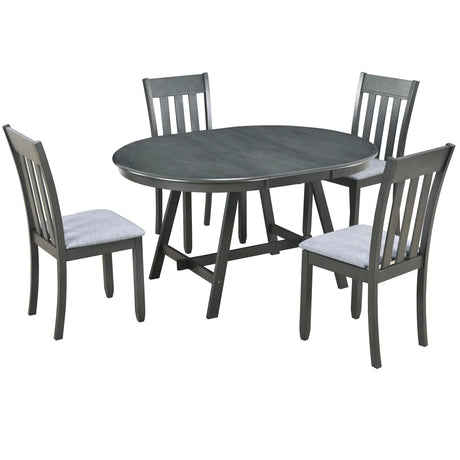 5 Piece Wood Dining Table Set With Extendable Round Table And 4 Chairs - Furniture Home Direct