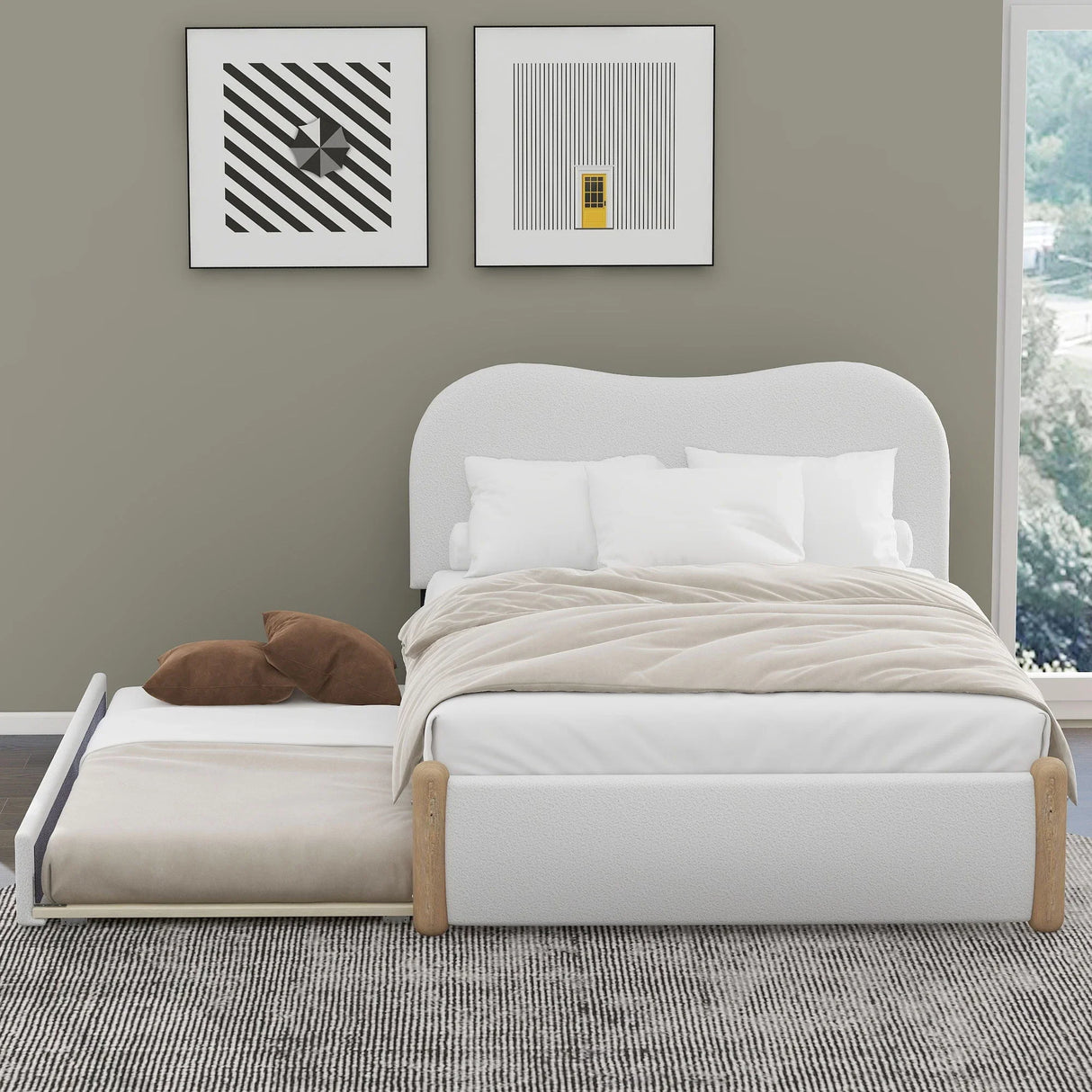 Upholstered Platform Bed With Wood Supporting Feet And Trundle - Furniture Home Direct