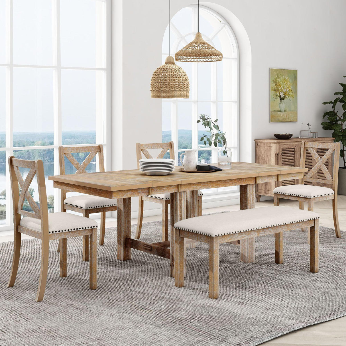 Topmax - 6 Piece Farmhouse Extendable Dining Table With Footrest, 4 Upholstered Dining Chairs And Dining Bench, Two 11" Removable Leaf - Furniture Home Direct