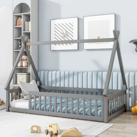 Tent-Shaped Floor Bed, Teepee Bed With Guardrails, Slats - Furniture Home Direct