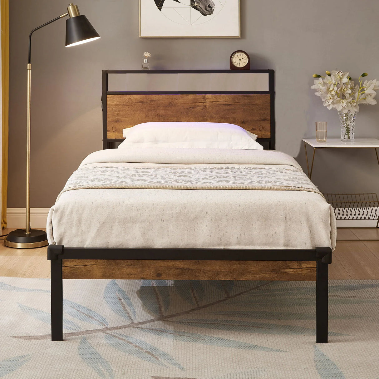 Metal Platform Bed Frame With Wooden Headboard And Footboard With USB Liner, No Box Spring Needed, Under Bed Storage - Furniture Home Direct