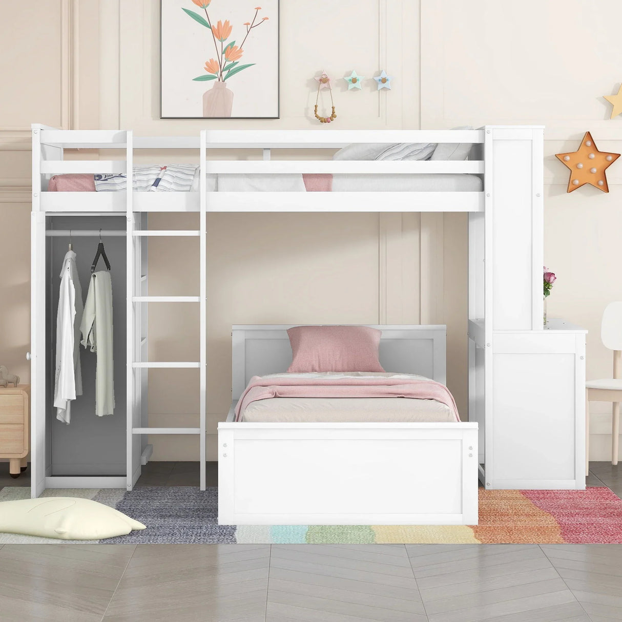 Loft Bed With A Stand Alone Bed, Shelves, Desk, And Wardrobe - Furniture Home Direct