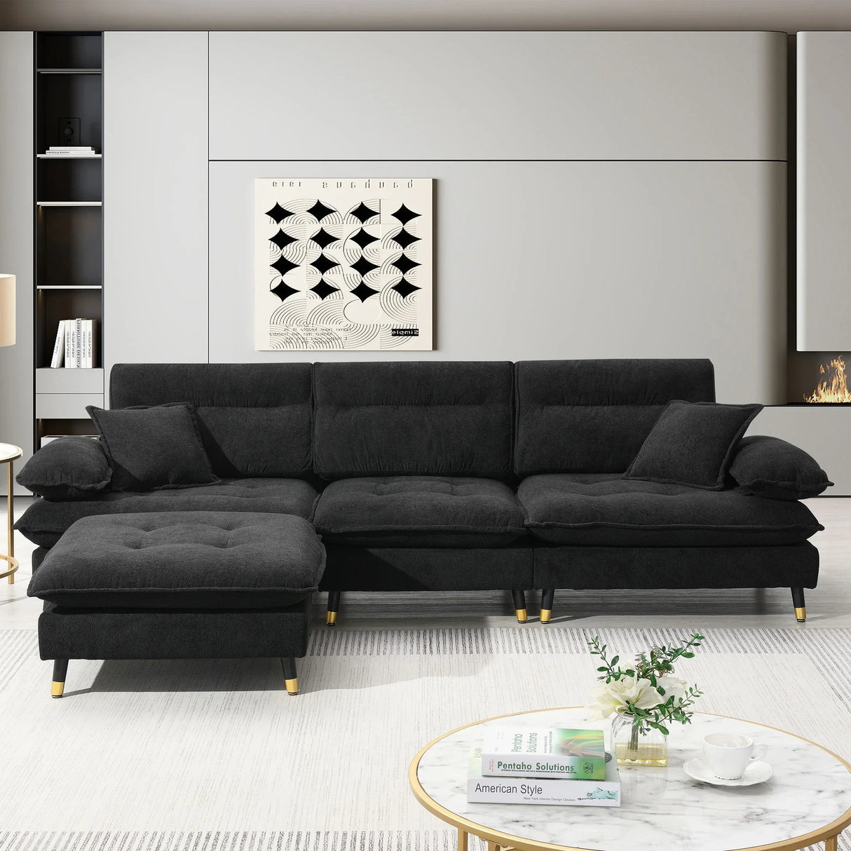 L Shaped Convertible Sectional Sofa 4 Seat Tufted Couch Set With Two Tone Adjust Legs Cloud Movable Ottoman - Furniture Home Direct