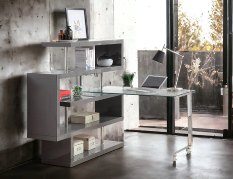 Buck II - Clear Glass, Chrome High Gloss Writing Desk With Shelf - Furniture Home Direct