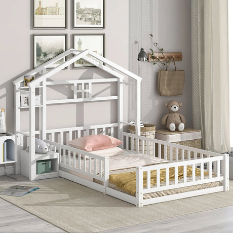 House-Style Headboard Floor Bed With Fence Guardrails Without Cushion - Furniture Home Direct