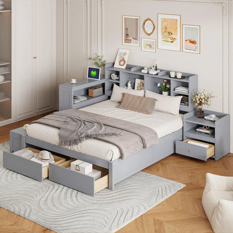 Platform Bed With Multi Functional Storage Space, Nightstand, 2 Drawers, USB Ports And Desk - Furniture Home Direct