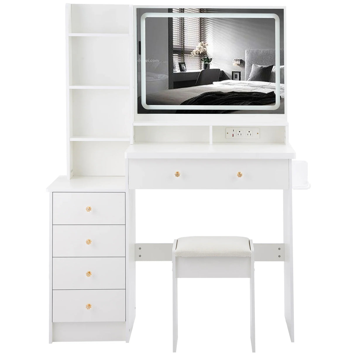 Vanity Desk With Cushioned Stool Mirror Makeup White - Furniture Home Direct