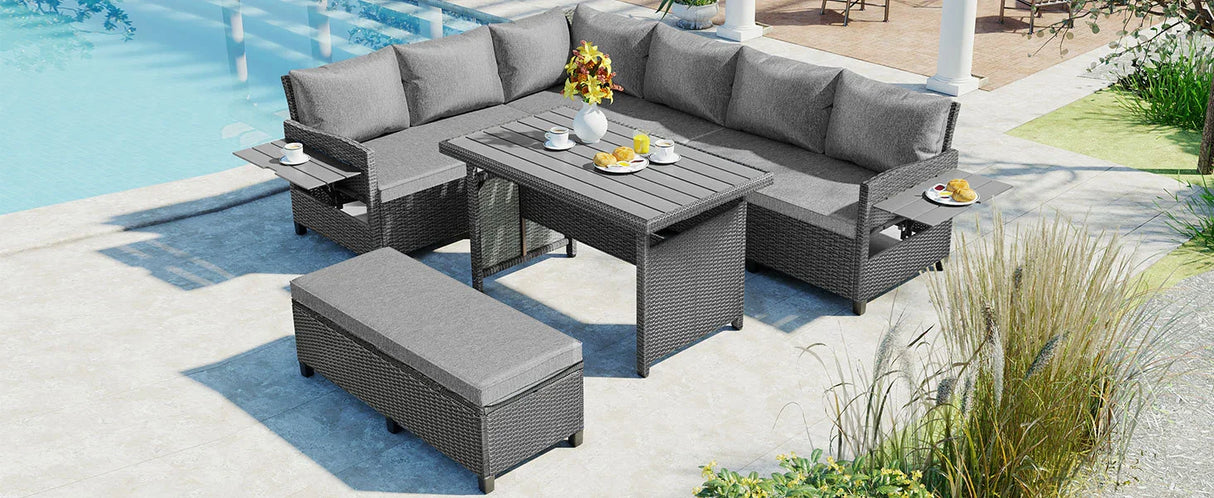 Outdoor Sectional With Side Tables, Tables and Sitting Ottoman- Gray - Furniture Home Direct