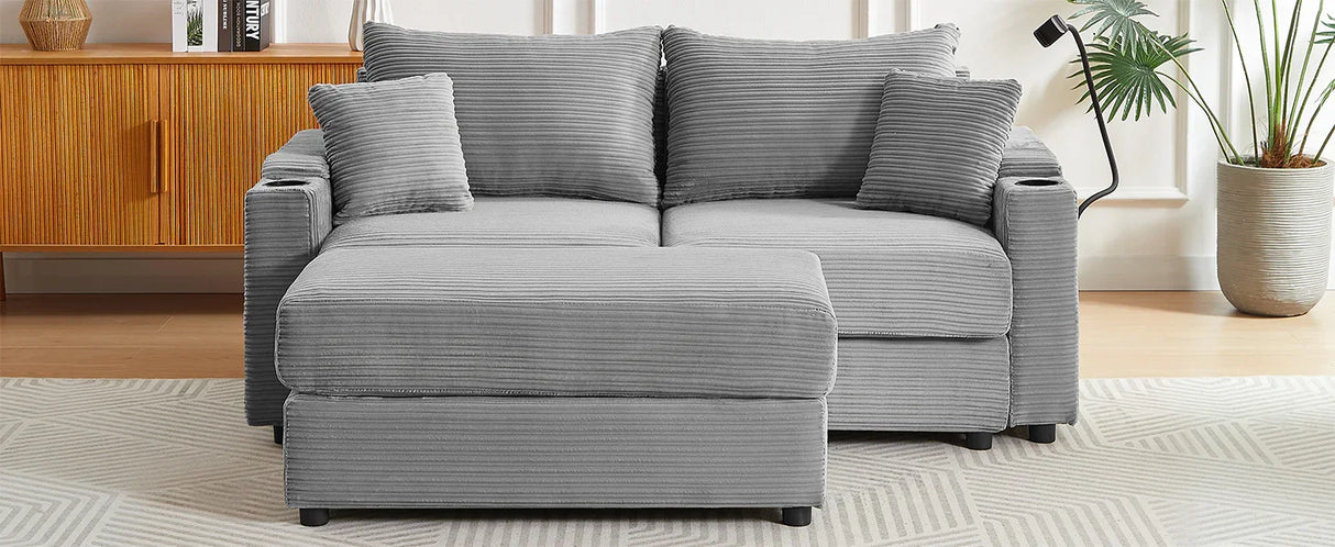 Modern Style Loveseat With Storage, Ottoman, Two USB Ports, Two Cup Holders and Phone Holder - Gray - Furniture Home Direct
