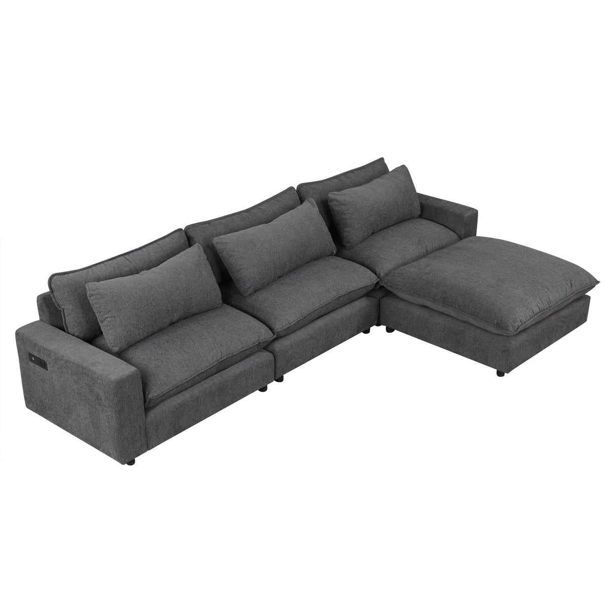Chenille Cloud Sectional with Ottoman, Charging Ports and Three Back Pillows - Grey - Furniture Home Direct
