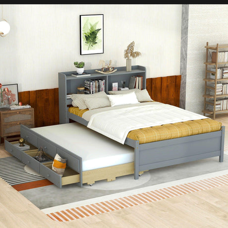 Bed With USB & Type-C Ports, LED Light, Bookcase Headboard, Trundle And 3 Storage Drawers, Bed With Bookcase Headboard, Trundle And Storage Drawers - Furniture Home Direct