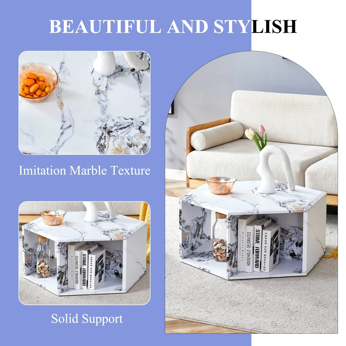 Coffee Table Set Hexagonal Marble Elegant Minimal White - Furniture Home Direct