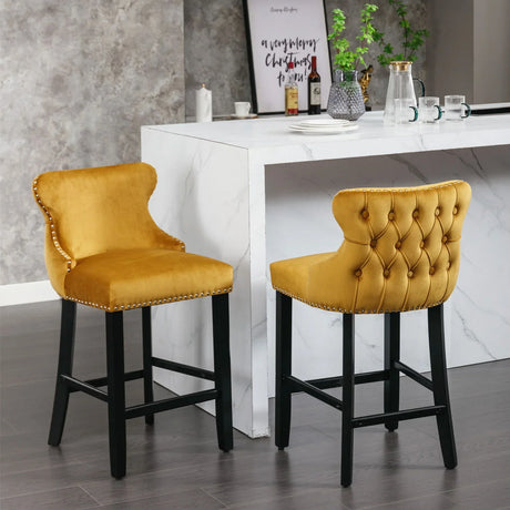 Contemporary Velvet Upholstered Wing-Back Barstools With Button Tufted Decoration And Wooden Legs, And Chrome Nailhead Trim, Leisure Style Bar Chairs, Bar Stools (Set of 2) - Furniture Home Direct