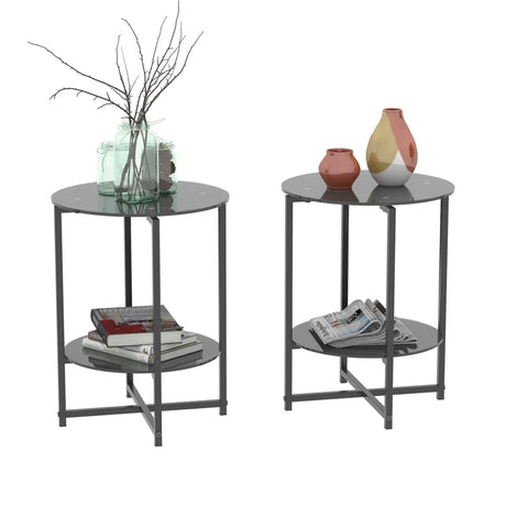 JWS Tempered Glass End Table (Set of 2), Round Coffee Table For Bedroom Living Room Office - Black - Furniture Home Direct