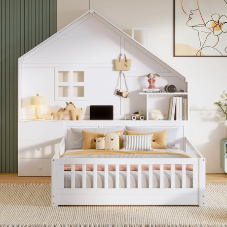 Full Size House Bed With Window And Bedside Drawers, Platform Bed With Shelves And A Set Of Sockets And USB Port - White - Furniture Home Direct