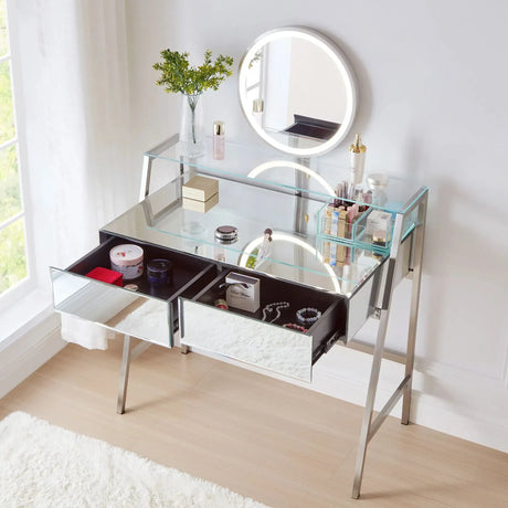 33.9" Mirrored Makeup Vanity Desk With Mirror And Lights, Mirrored Console Vanity Table With 2 Big Drawers & Open Shelf, Dressing Table With Charging Station For Bedroom - Silver - Furniture Home Direct