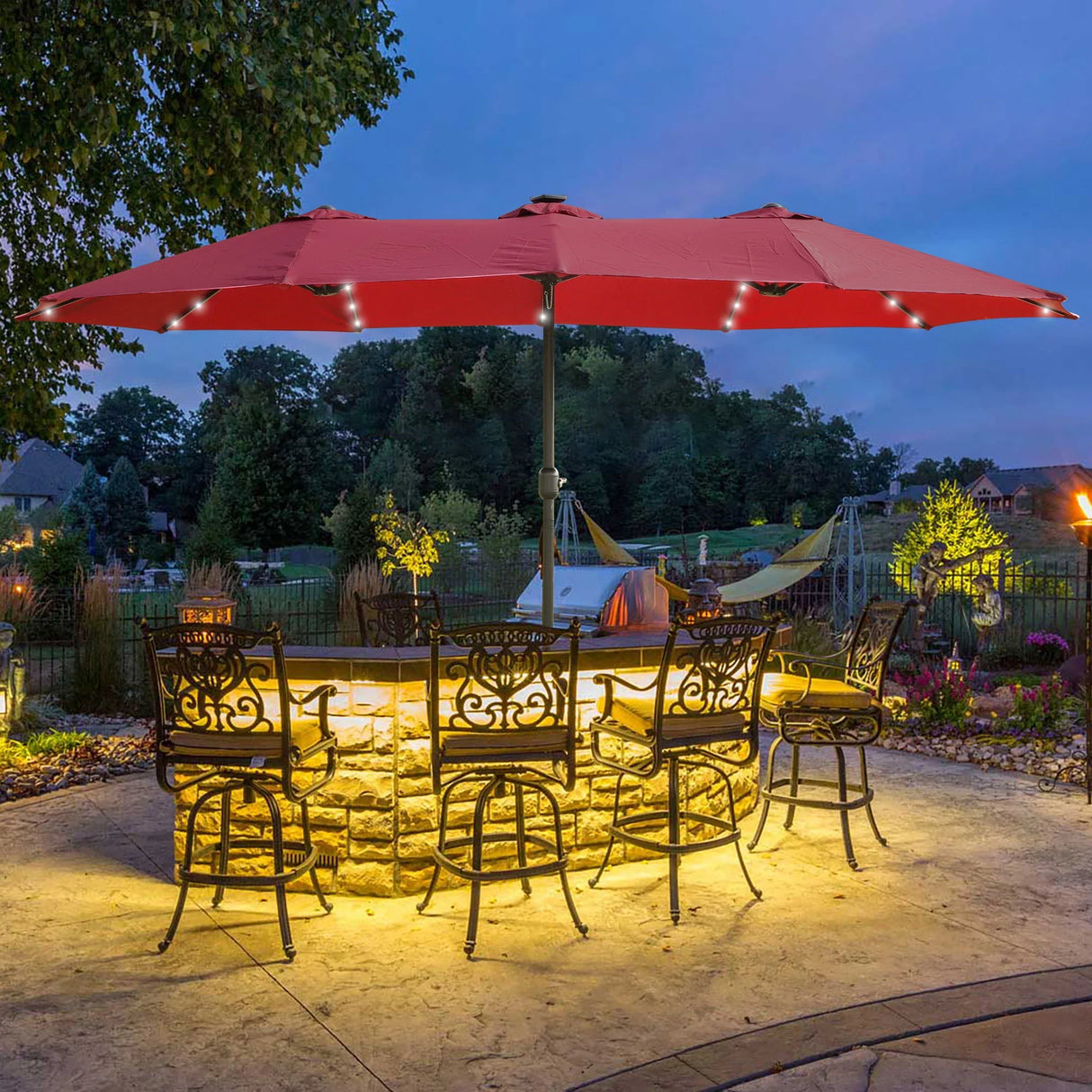Double- Sided Outdoor Market Umbrella With Lights And Base - Furniture Home Direct