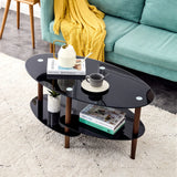Oval Glass Coffee Table, Modern Table In Living Room Oak Wood Leg Tea Table 3-Layer Tempered Glass Table - Brown / Black - Furniture Home Direct