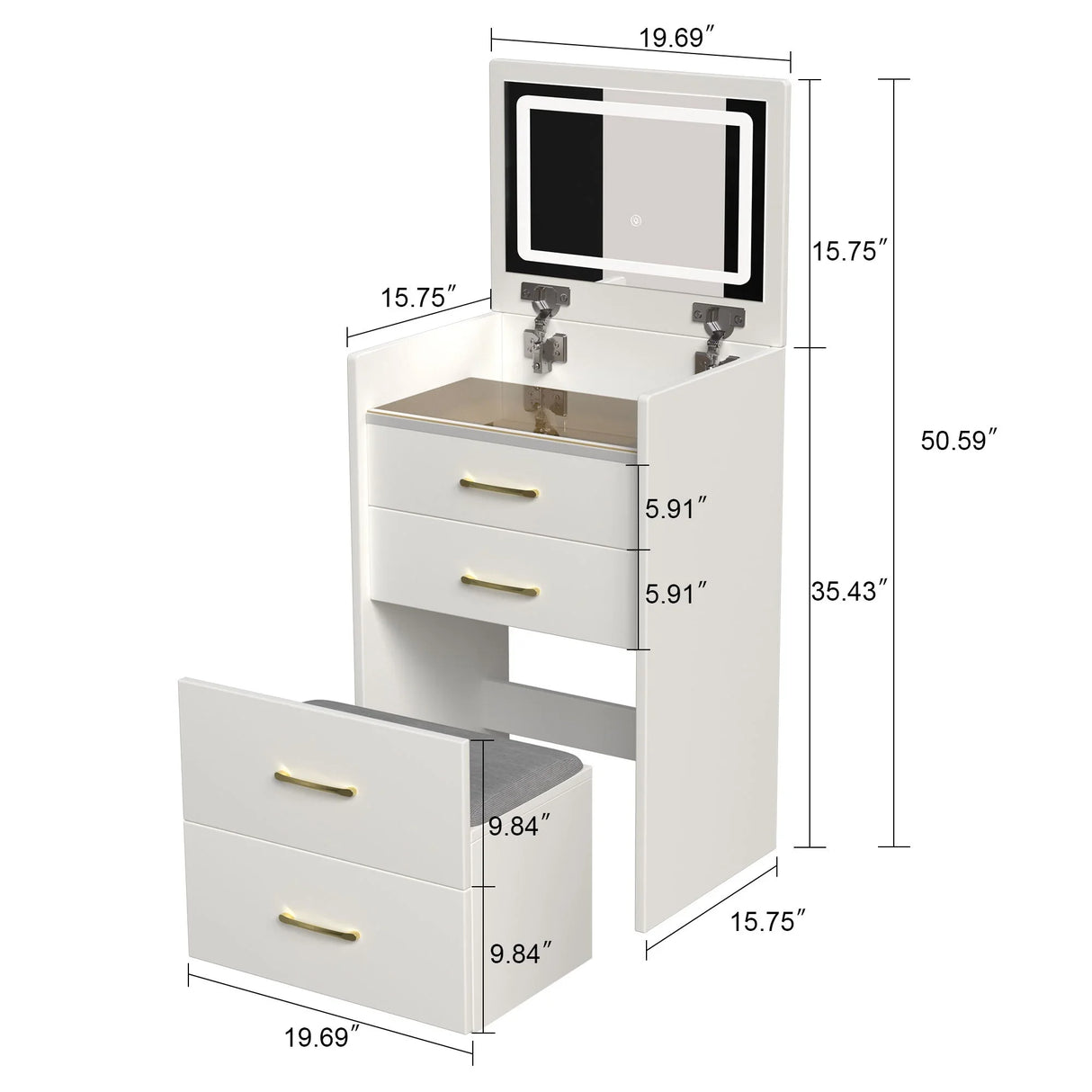 Compact 3 In 1 Vanity Desk With Open Top Mirror, Glass Desktop, 5 Height - White - Furniture Home Direct