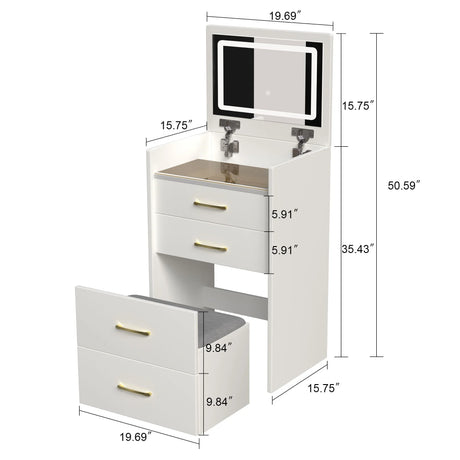 Compact 3 In 1 Vanity Desk With Open Top Mirror, Glass Desktop, 5 Height - White - Furniture Home Direct
