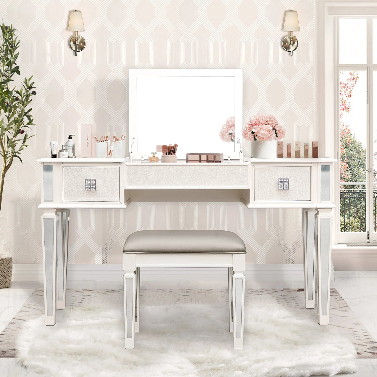 Vanity Desk With Mirror And Stool, Modern Minimalist White - Furniture Home Direct