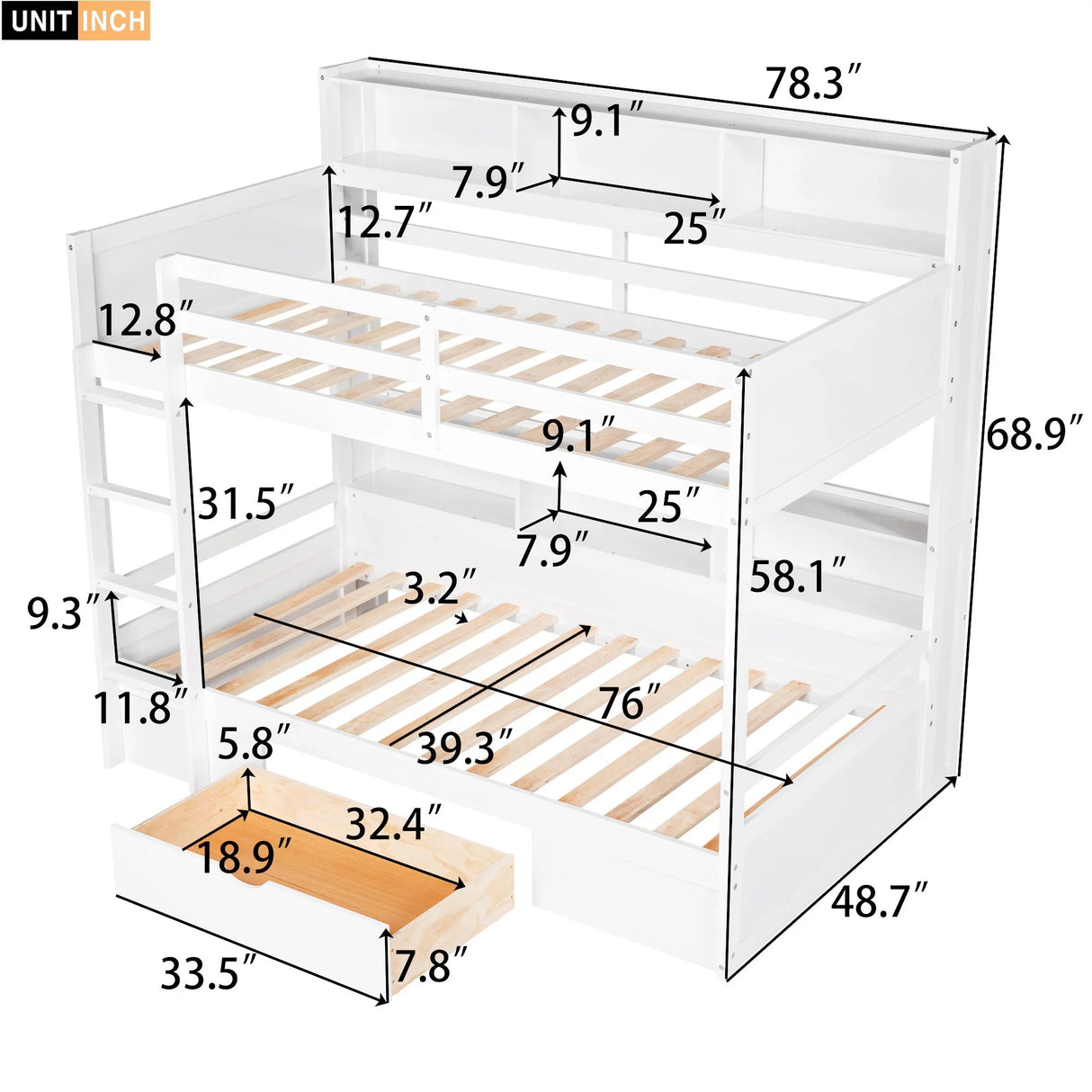 Twin Size Bunk Bed With Built-In Shelves Beside Both Upper And Down Bed And Storage Drawer - Furniture Home Direct