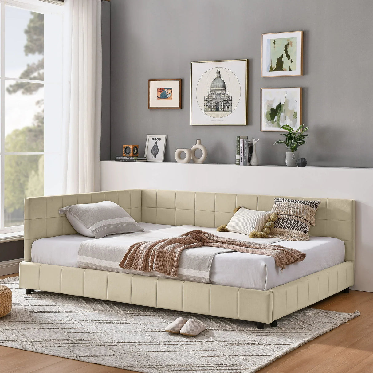Mid-Century Storage Upholstered Tufted Bed Frame With Backrest And Armrests - Furniture Home Direct