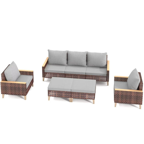 5 Piece Rattan Terrace Furniture Set, 7 Seats Cushions, High Footed Design - Furniture Home Direct