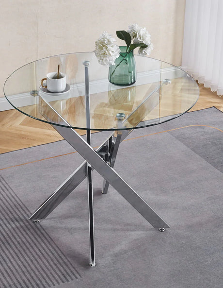 Dining Table With Cross Metal Leg And Tempered Glass, Modern Space Saving Kitchen Table For Living Room - Furniture Home Direct