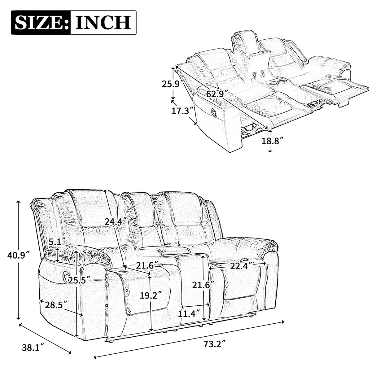 2 Seater Home Theater Recliner Manual Recliner Chair With A Storage Box And Two Cup Holders For Living Room - Furniture Home Direct
