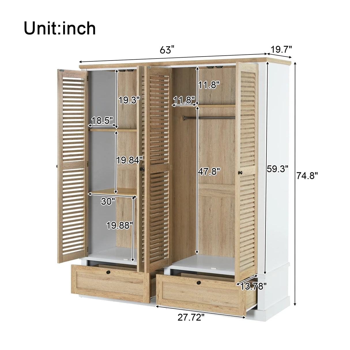 4 Shutter Door Wardrobe Armoire with 2 Drawers, Natural + White - Furniture Home Direct