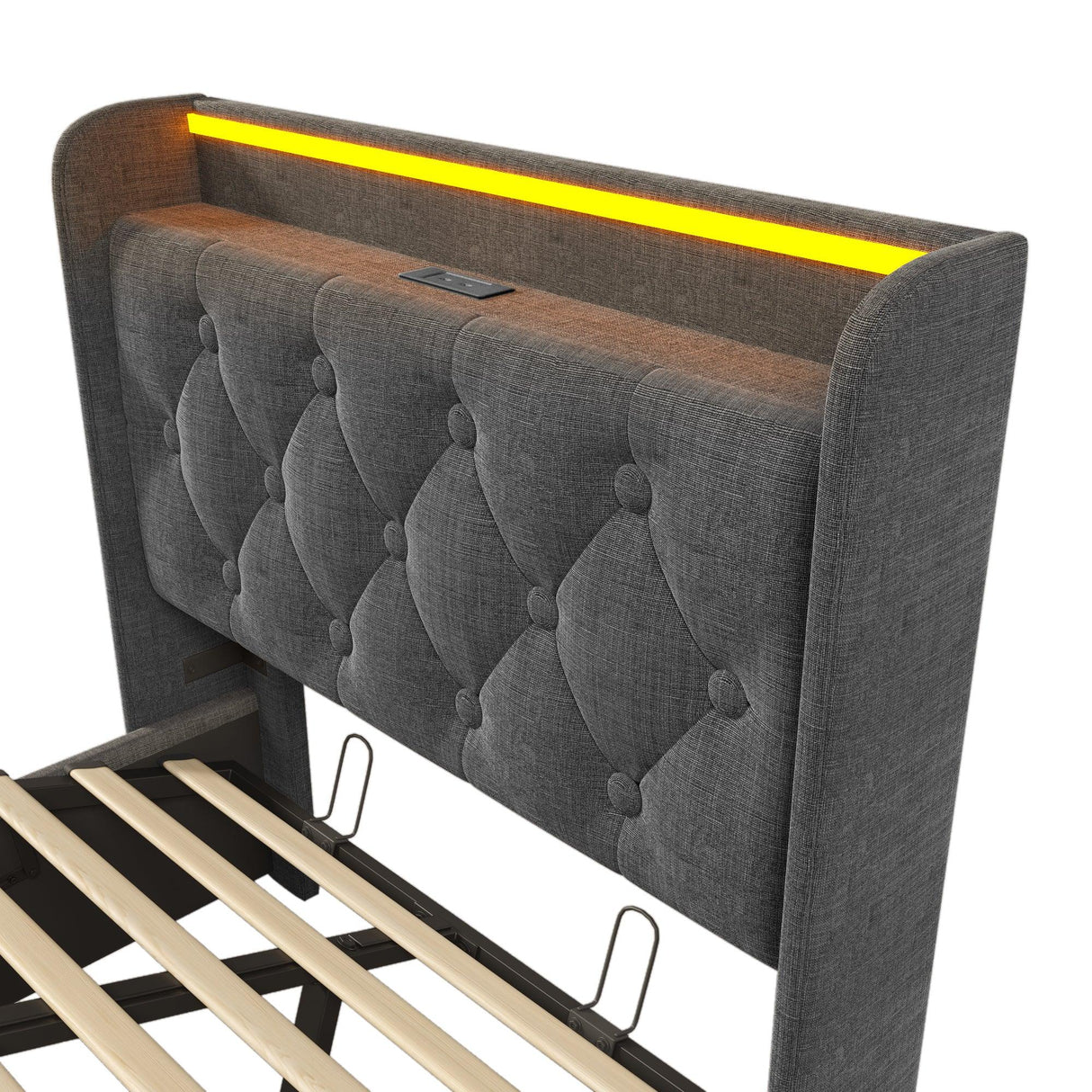Twin Upholstered Bed 360 Surround LED Lighting USB C Gray - Furniture Home Direct