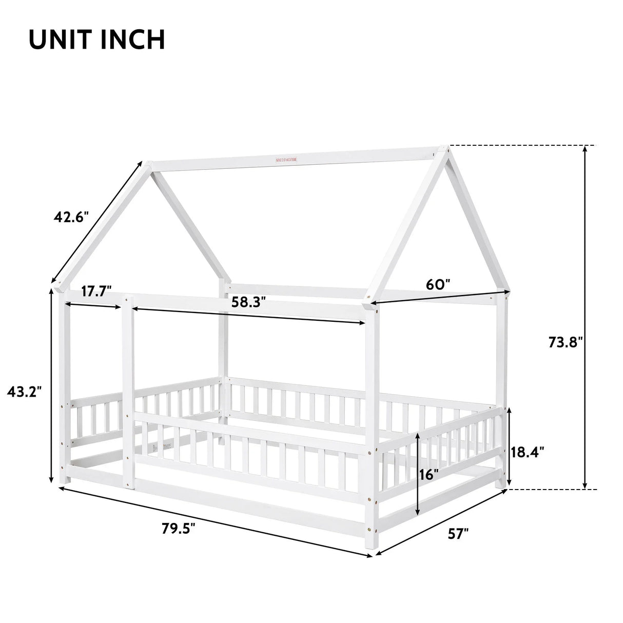 Floor Wooden Bed With House Roof Frame, Fence Guardrails - Furniture Home Direct