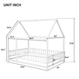 Floor Wooden Bed With House Roof Frame, Fence Guardrails - Furniture Home Direct