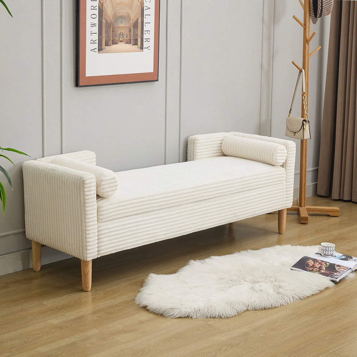 Wide Corduroy Storage Soft Bench With Armrests, Backrest And Two Bolster Pillows - Furniture Home Direct