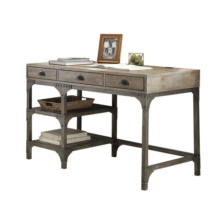 Gorden - Weathered Antique Metal Writing Desk - Oak - Furniture Home Direct