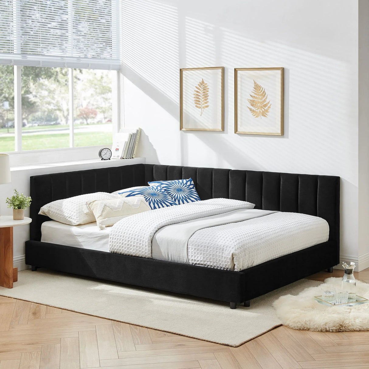 Mid-Century Upholstered Tufted Bed Frame With Backrest And Armrests - Furniture Home Direct