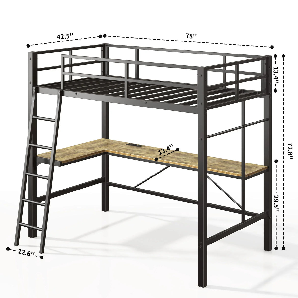 Twin Metal Loft Bed With L - Shaped Desk, Charging Station Loft Bed Frame Twin Size, Safety Guard & Ladder, No Box Spring Needed - Black - Furniture Home Direct