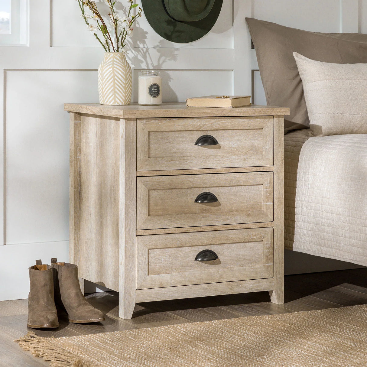 Transitional Farmhouse Framed 3 Drawer Nighstand With Cup Handles - Furniture Home Direct