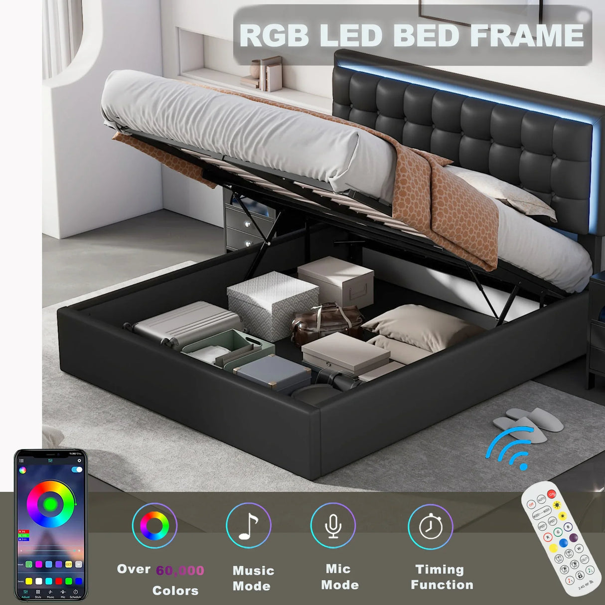 Storage Platform Bed Tufted Upholstered with LED Black - Furniture Home Direct