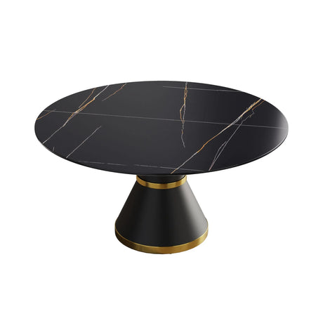 59.05" Modern Artificial Stone Round Black Carbon Steel Base Dining Table, Can Accommodate 6 People - Black - Furniture Home Direct