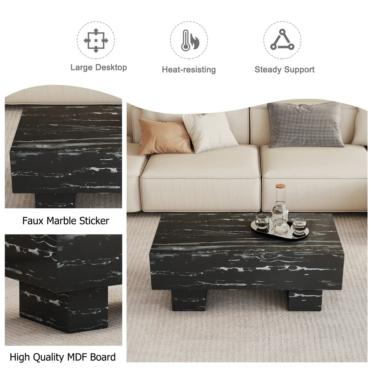 Coffee Table Modern Marble Texture With Block Base Black - Furniture Home Direct