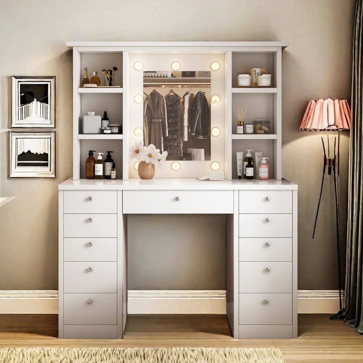 Vanity Desk With LED Lighted Mirror, Makeup Vanity With 11 Drawers, Adjustable Lighting - White - Furniture Home Direct
