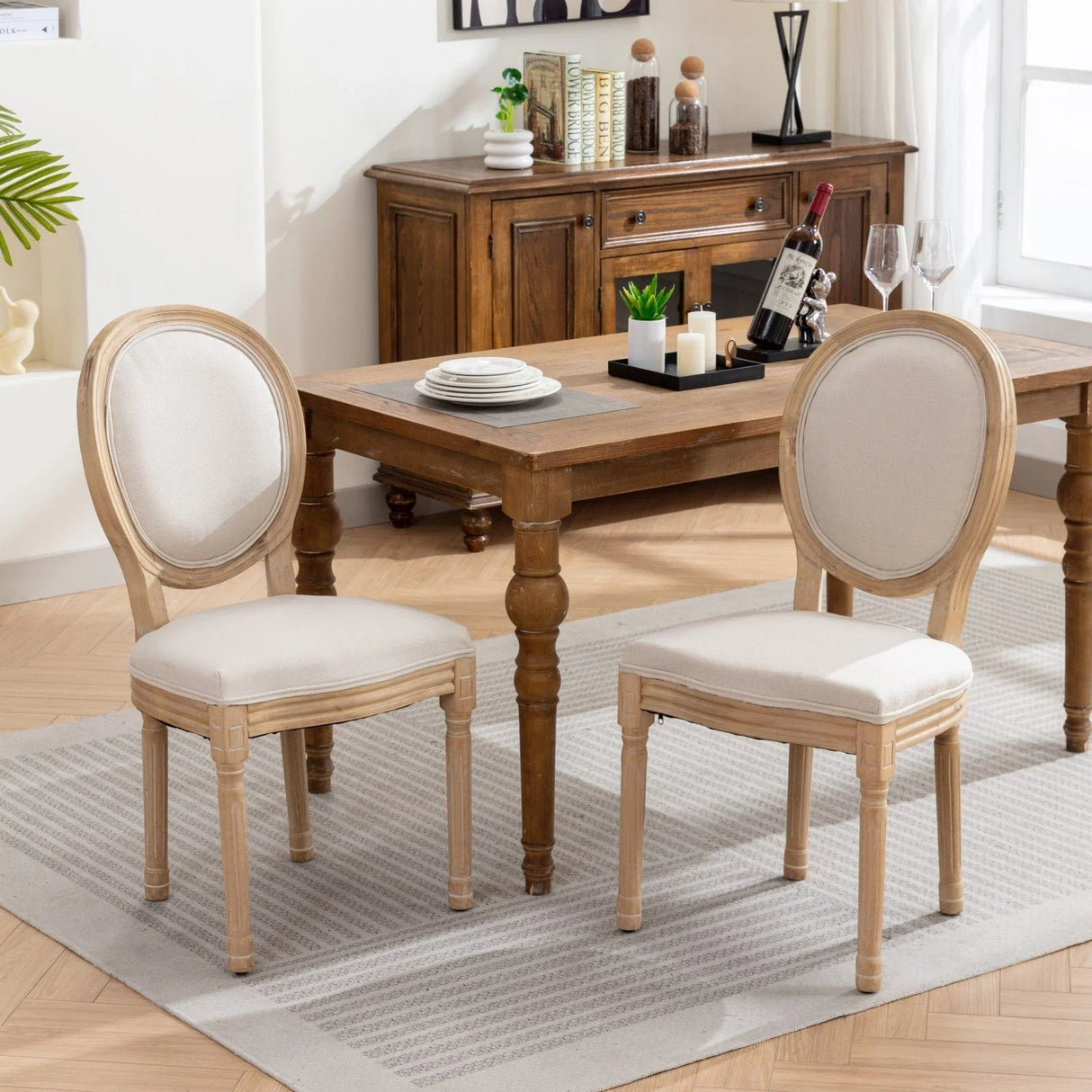 French Style Solid Wood Frame Antique Painting Linen Fabric Back Dining Chair (Set of 2) - Furniture Home Direct