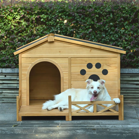 Wooden Dog House Outdoor With Porch, Dog Kennel With Water Resistant Asphalt Roof And Fencing, Indoor & Outdoor Dog Crate With Paw Print, Medium - Nature - Furniture Home Direct