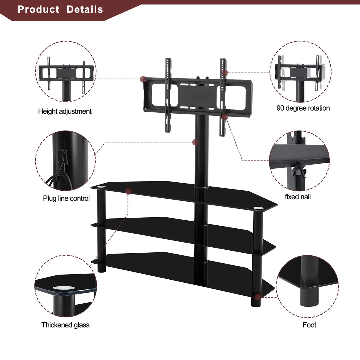 43.3" Multi-Function TV Stand Height Adjustable Bracket Swivel 3 Tier - Black - Furniture Home Direct