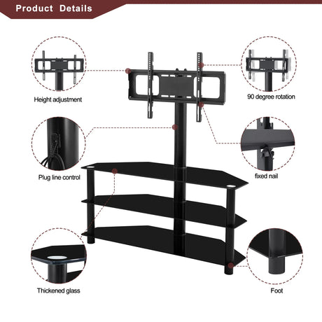 43.3" Multi-Function TV Stand Height Adjustable Bracket Swivel 3 Tier - Black - Furniture Home Direct