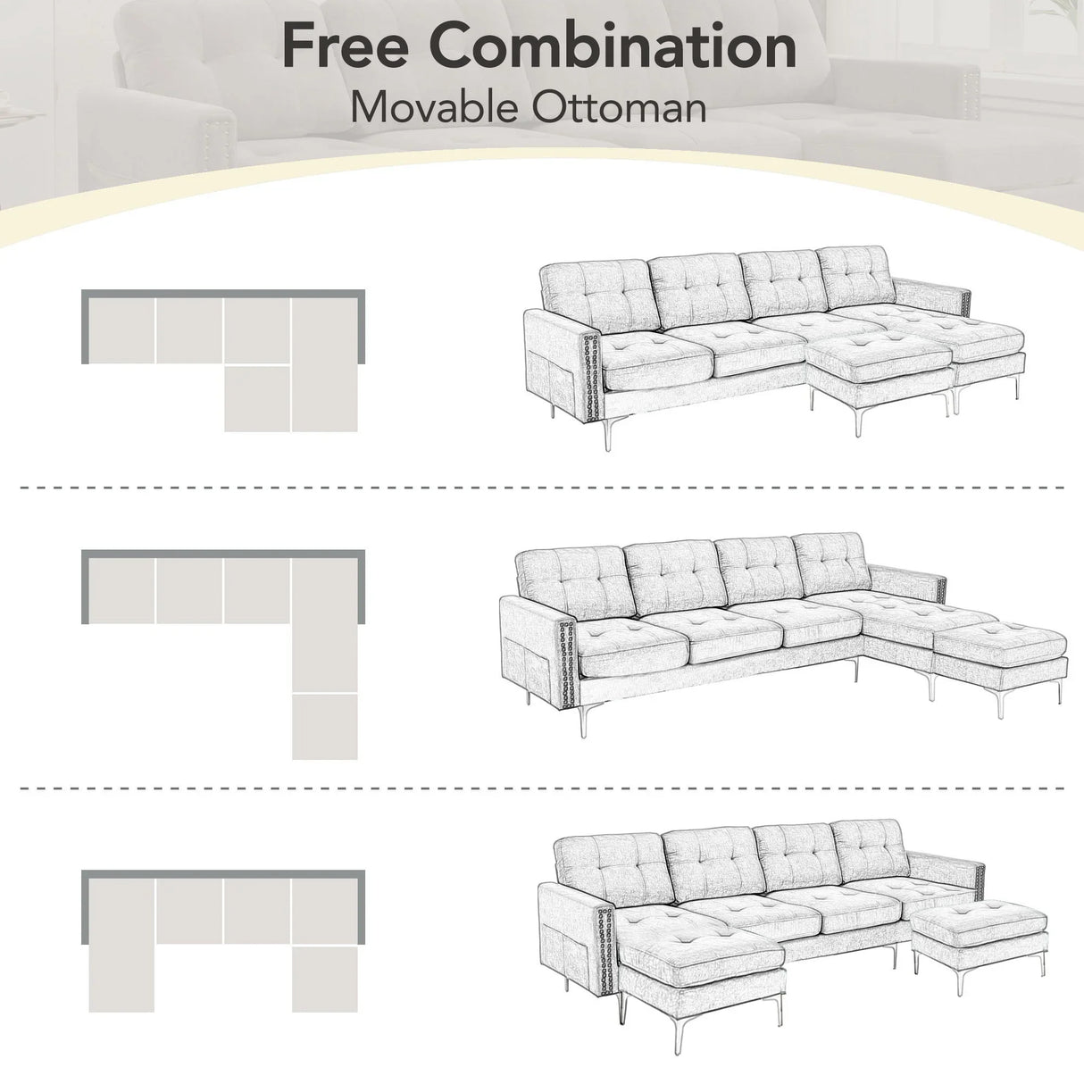 Modern L - Shape Convertible Sectional Sofa With Movable Ottoman - Furniture Home Direct