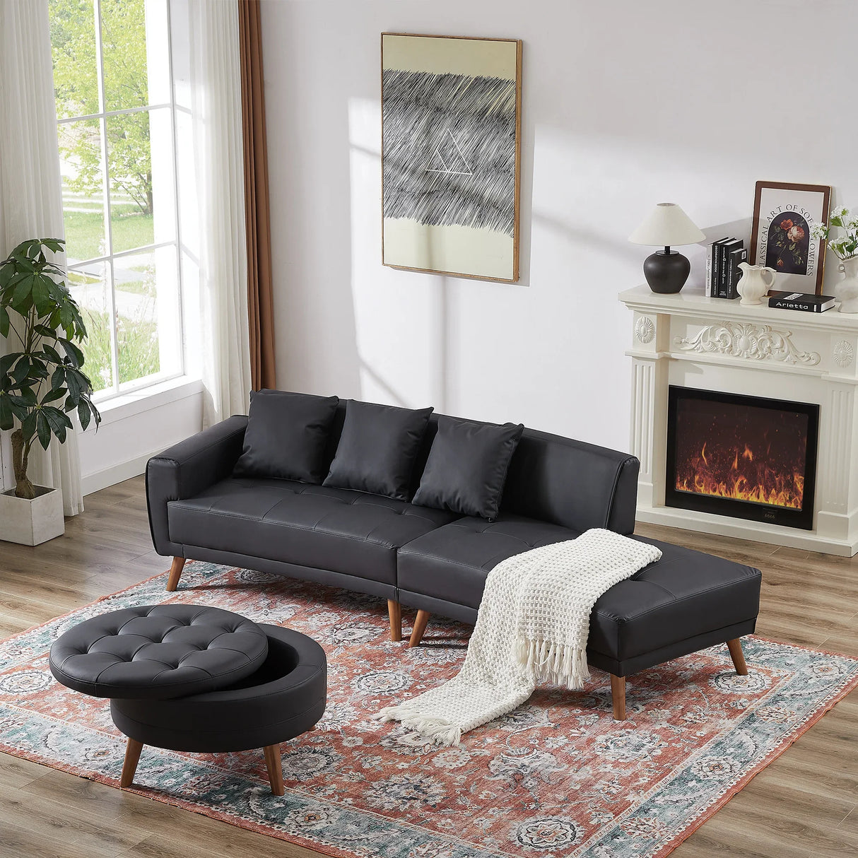 107 Inch Black Sectional With Round Storage Ottoman - Furniture Home Direct