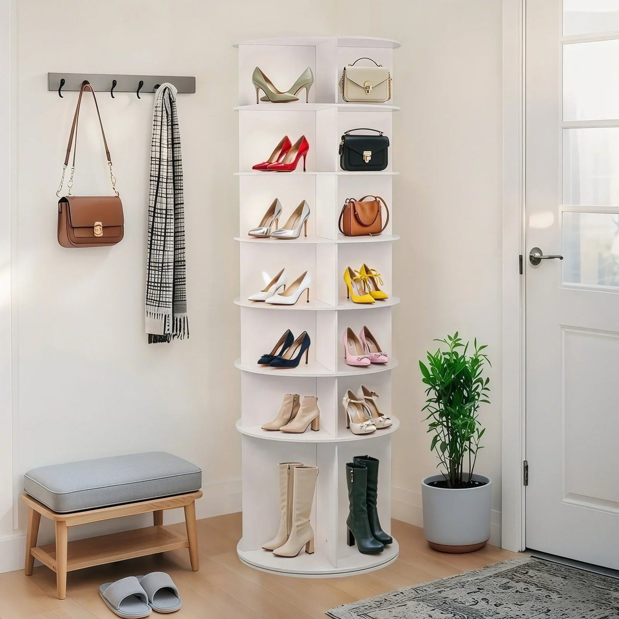 7 Tier Rotating Shoe Rack With High Base Design, Freestanding 360° Organizer For 28 Pairs - White - Furniture Home Direct
